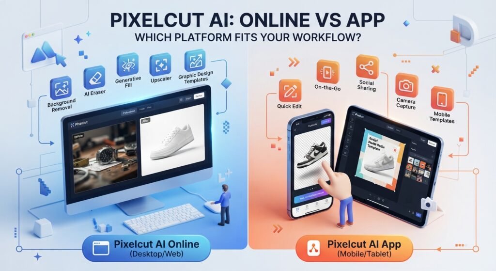 Pixelcut AI Online vs App
