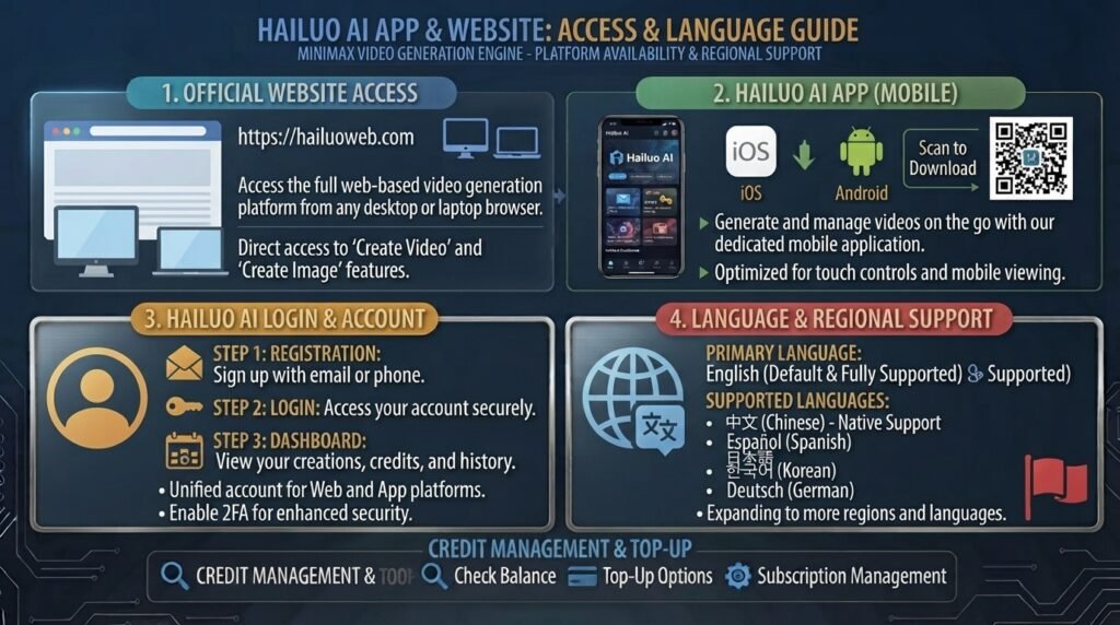 Hailuo AI is accessible via online platform and supported mobile applications. Hailuo AI Website. This is the area to explore Hailuo's AI video tools, make movies, manage your credits and access your account.