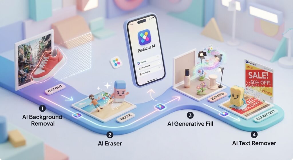 Pixelcut AI Photo Editor: What Can You Do With It?
AI Background Removal
 Pixelcut AI Eraser
Pixelcut AI Generative Fill
Pixelcut AI Text Remover
