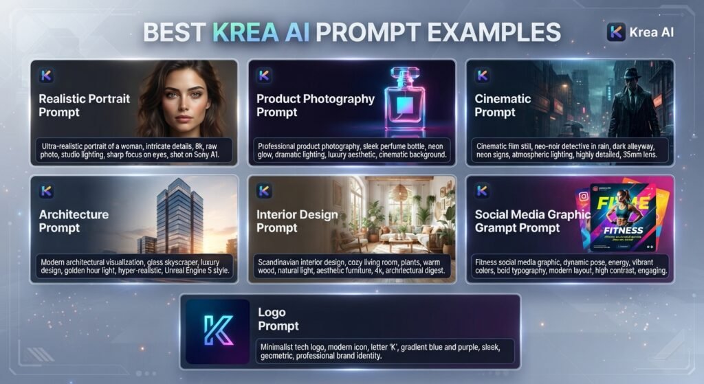 Best Krea AI Prompt Examples
Realistic Portrait Prompt
Product Photography Prompt
Cinematic Prompt
Architecture Prompt
Interior Design Prompt
Social Media Graphic Prompt
Logo Prompt