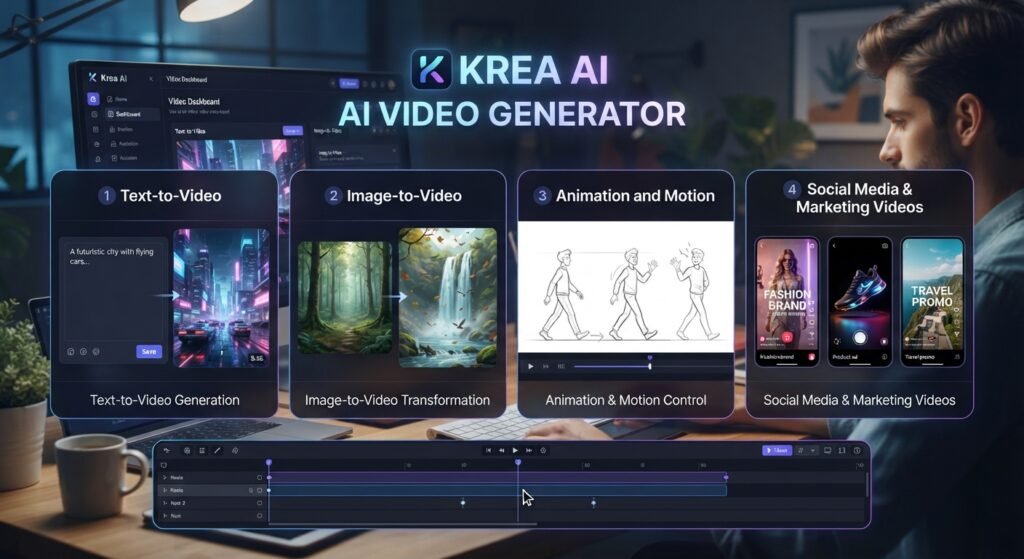 Krea AI Video Generator
Text-to-Video
Image-to-Video
Animation and Motion
Social Media and Marketing Videos.